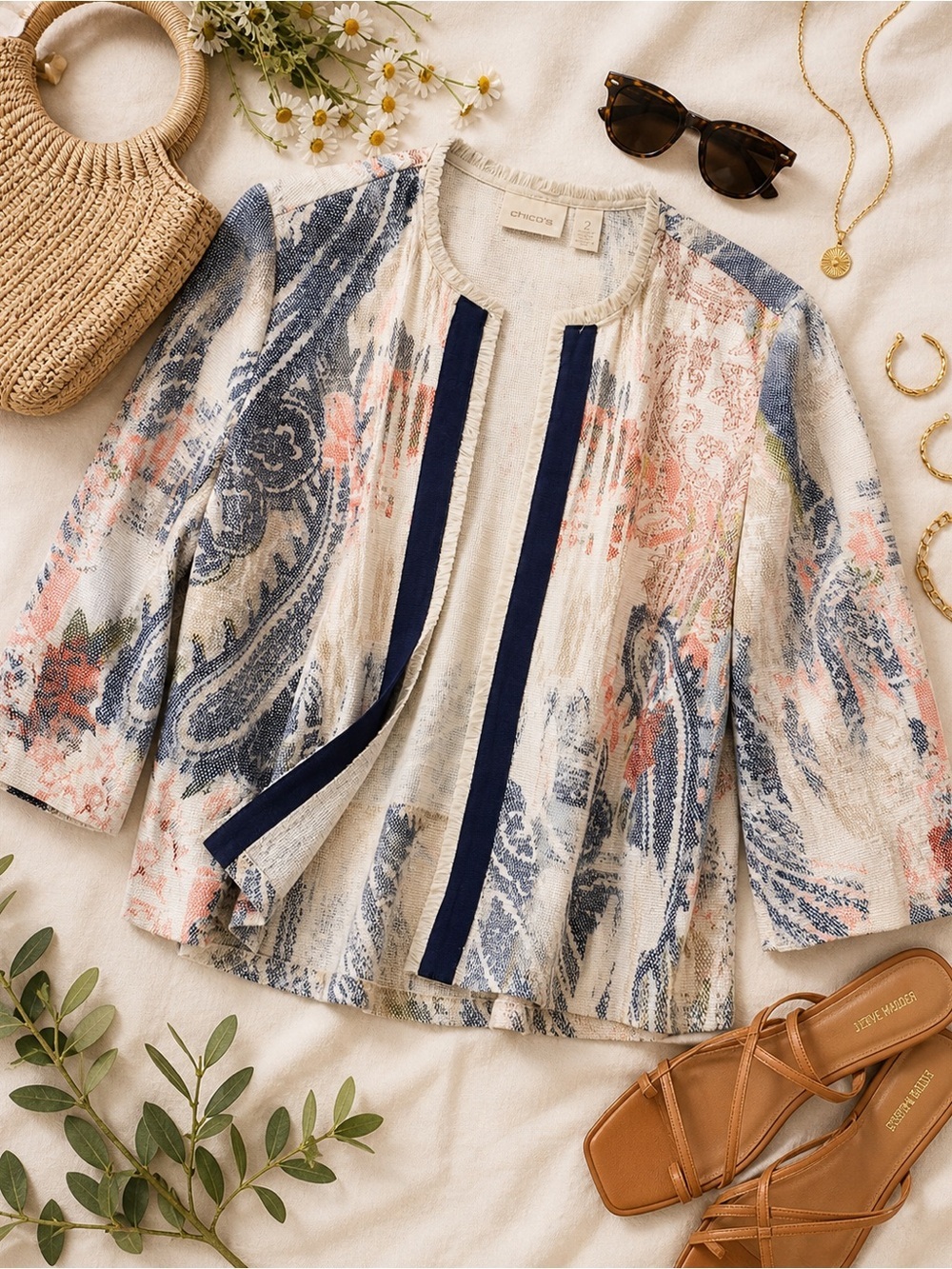 Chico’s Textured Floral Jacquard Open Jacket | Boho Coastal Blazer | Size 2 (M)